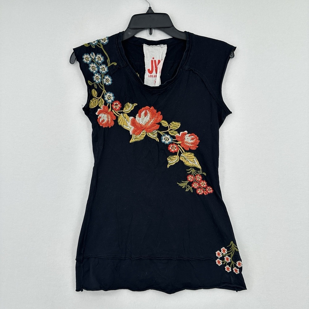 Johnny Was Embroidered Floral Tunic Womens Size XS Black Indie Boho Y2K Inspired